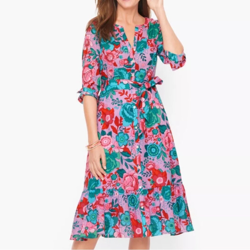 Talbots Dress sketched Blooms print violet tulle flowers floral Cotton Size 10